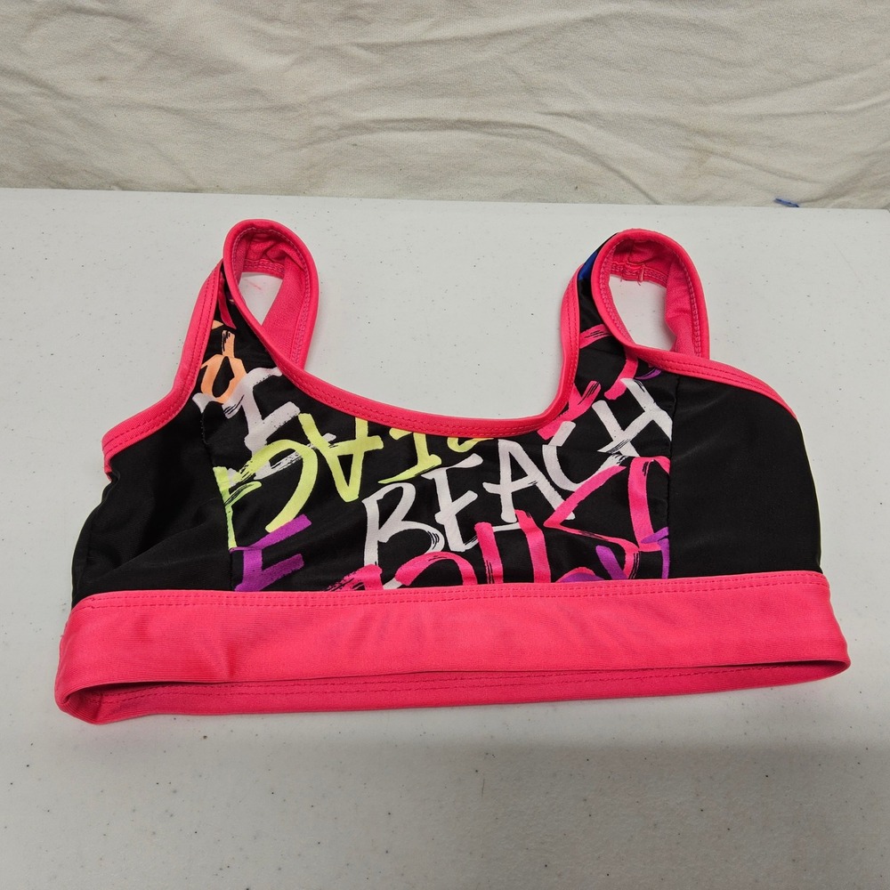 Justice Bikini Top Girls Size S 7/8 Black Pink Neon Graffiti Beach Sporty